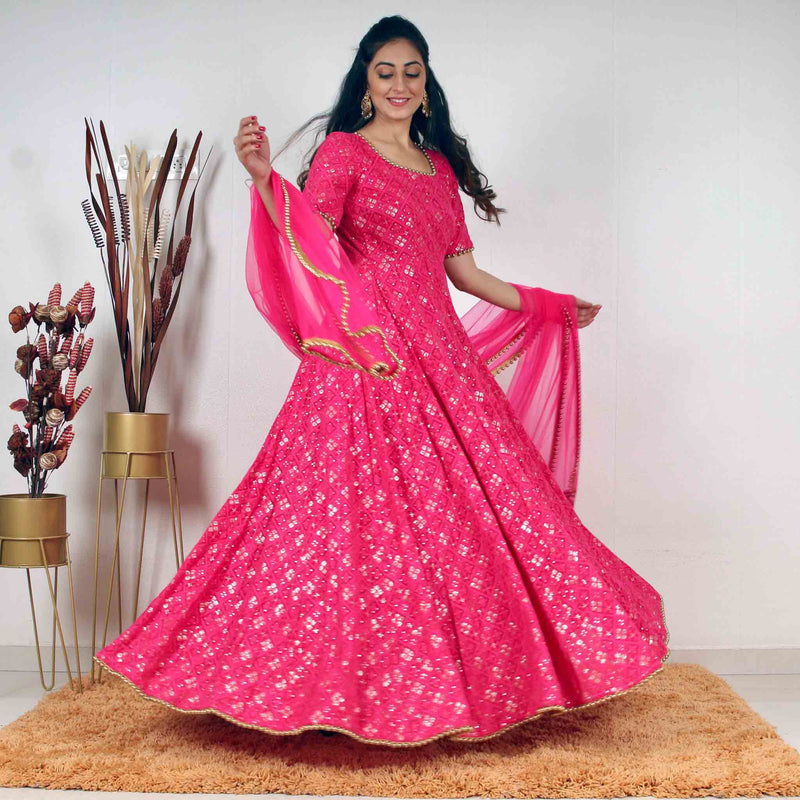 Aesthetic Printed Anarkali Gown For Women in Pink Hue – FOURMATCHING